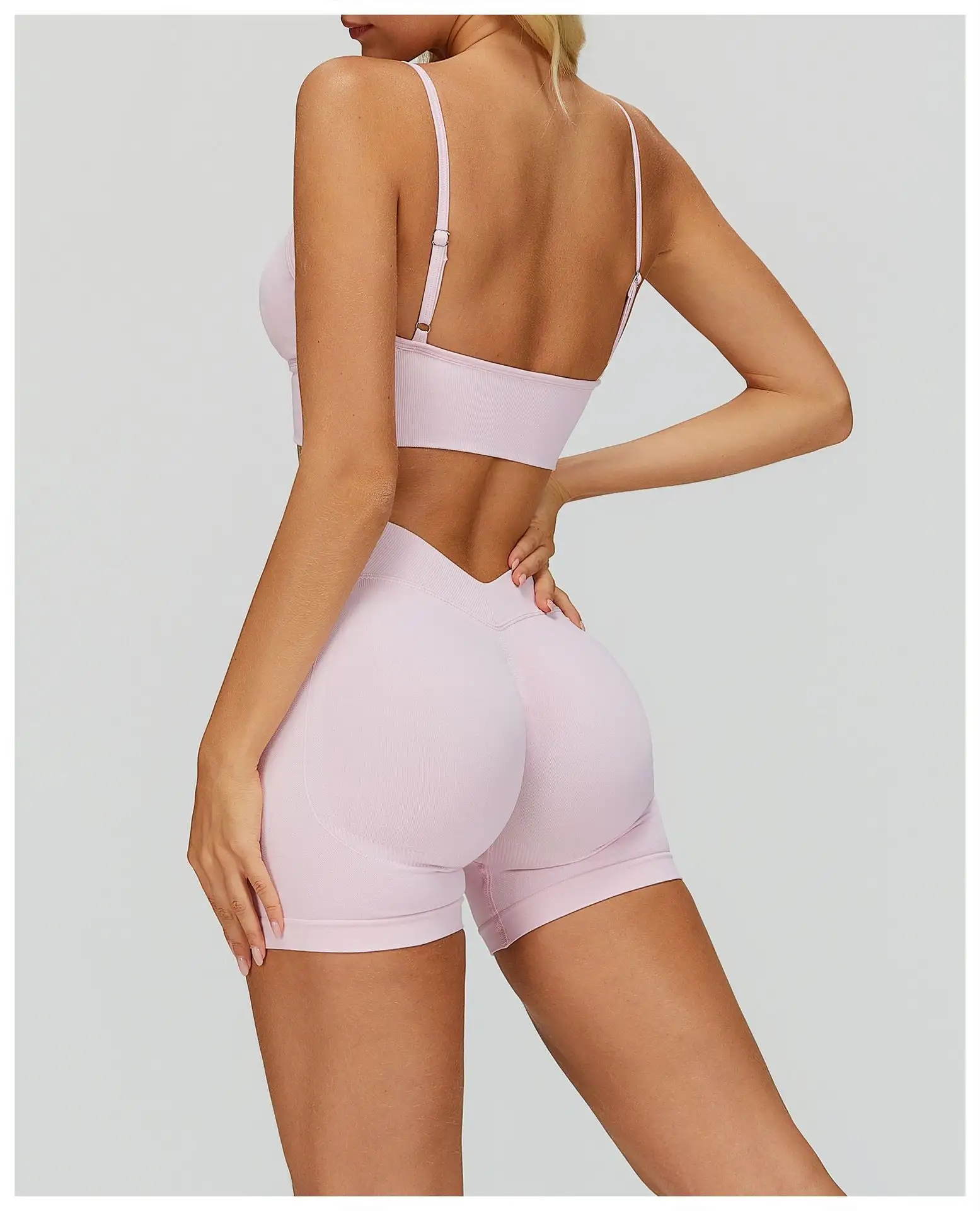 Seamless V-Neck Ribbed Yoga Bra with Adjustable Straps | OUYI Activewear