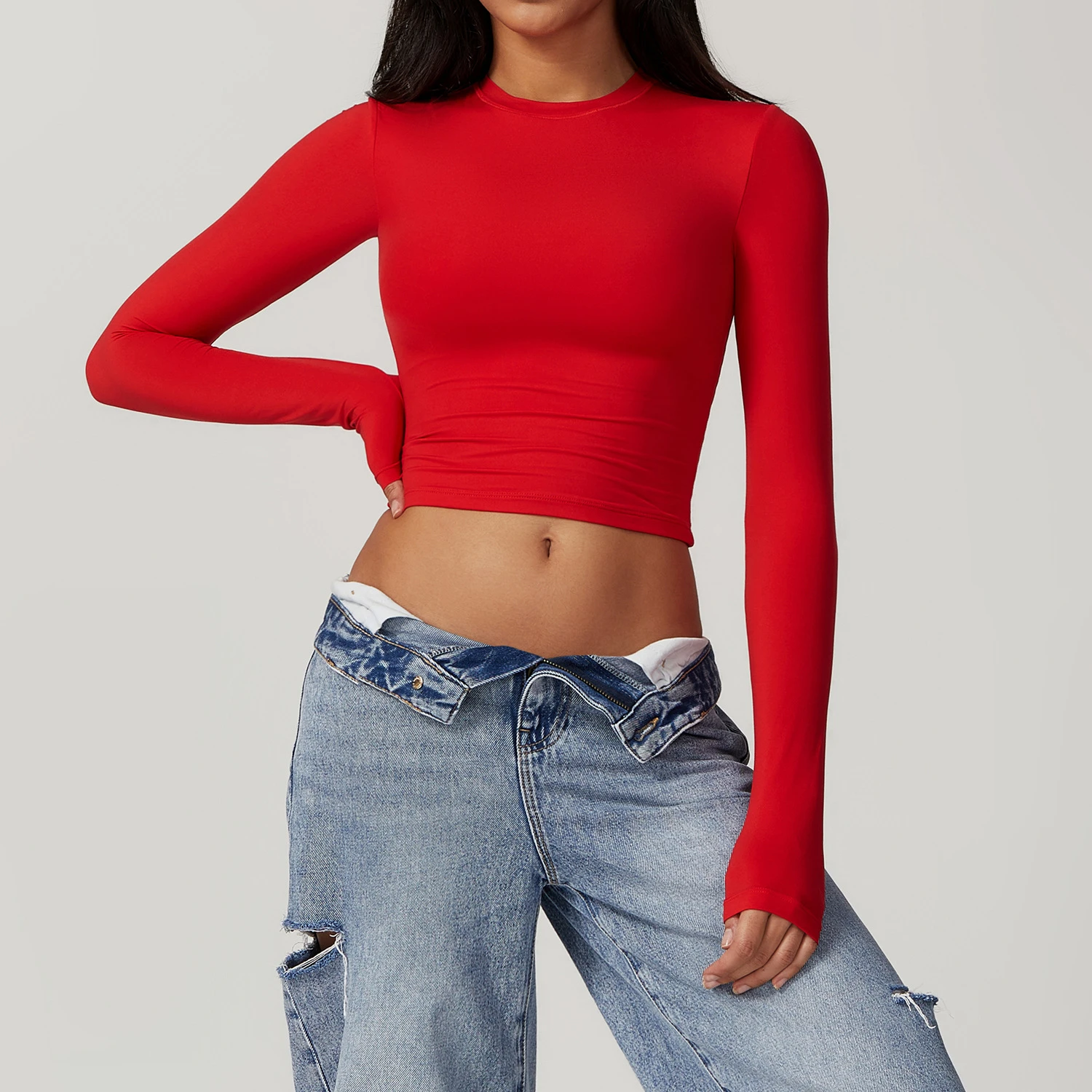 Slim Fit Crew Neck Cropped Long Sleeve Active Top